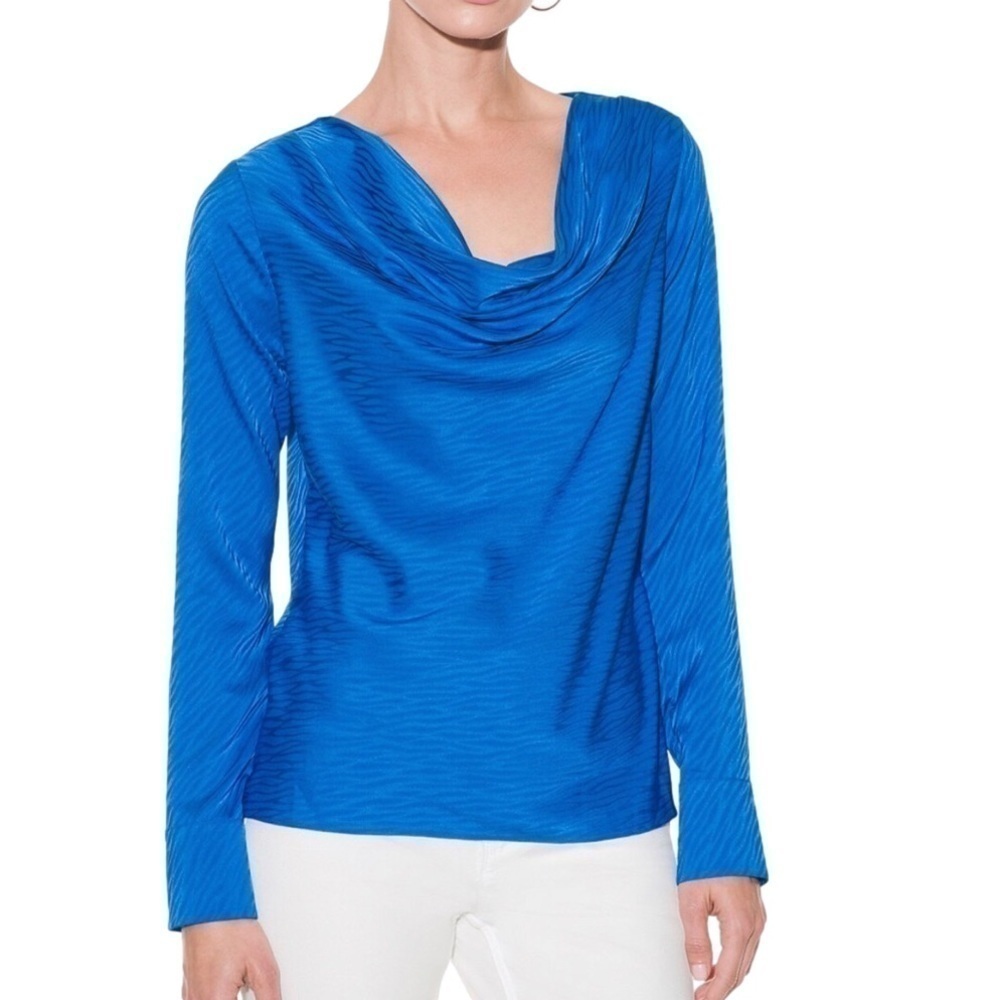 WHBM Royal blue jacquard print drape neck long sleeve blouse